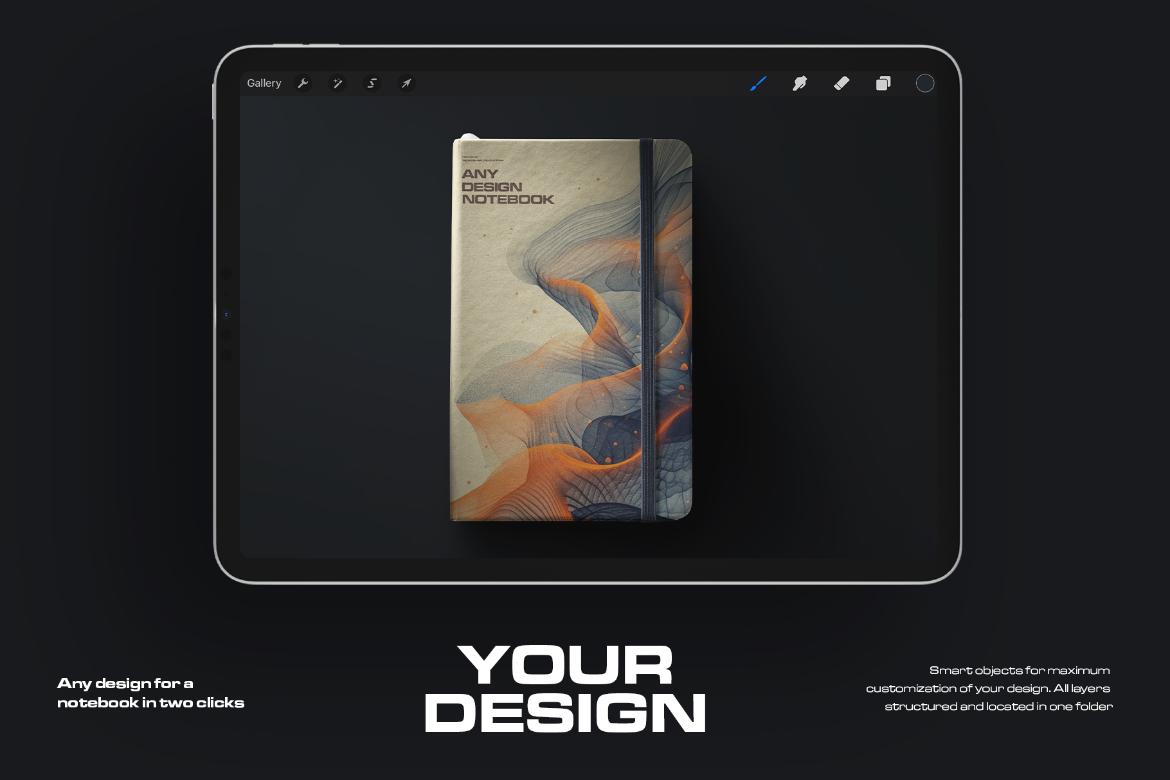 6 Mockups of Classic Notebook with Band and Hard Cover for Procreate