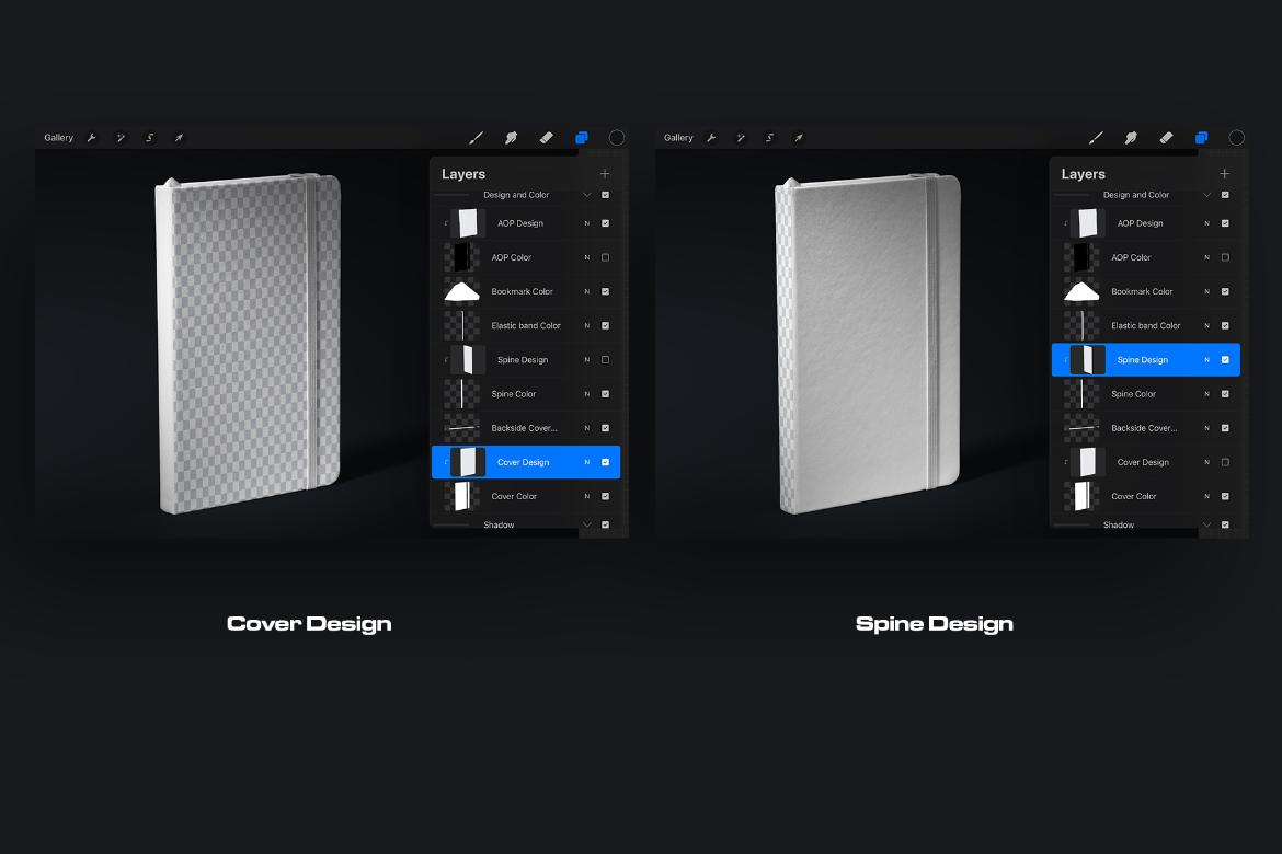 6 Mockups of Classic Notebook with Band and Hard Cover for Procreate