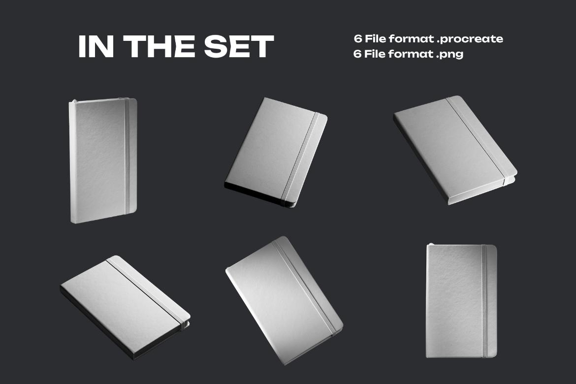 6 Mockups of Classic Notebook with Band and Hard Cover for Procreate