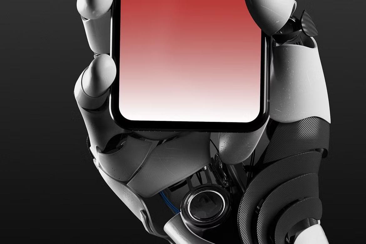 Robotic hand holding iPhone X Mockup