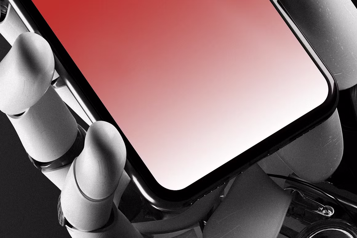 Robotic hand holding iPhone X Mockup