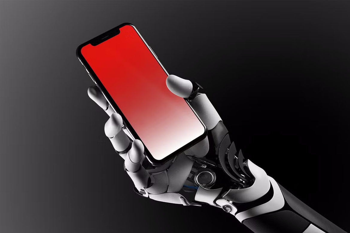 Robotic hand holding iPhone X Mockup