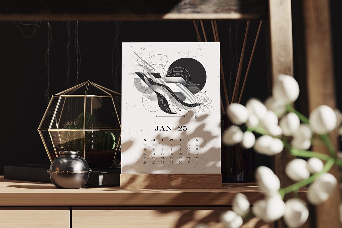 Desk Calendar on a Wooden Stand Mockup