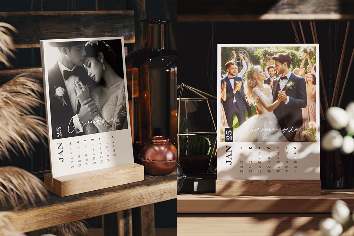 Desk Calendar on a Wooden Stand Mockup