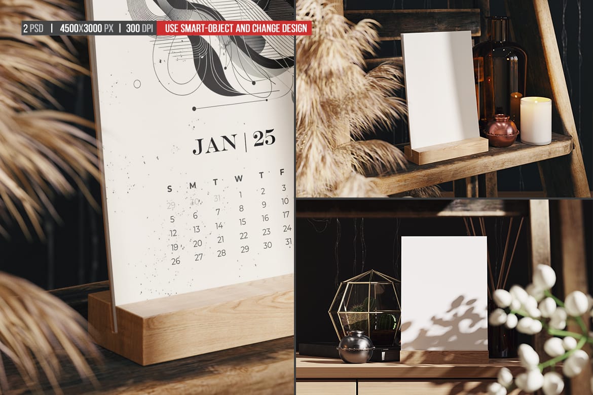 Desk Calendar on a Wooden Stand Mockup