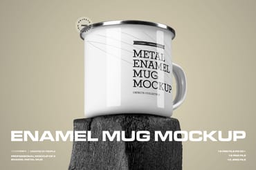 12 Mockups of Enamel Metal Mug on Burnt Wood Bar