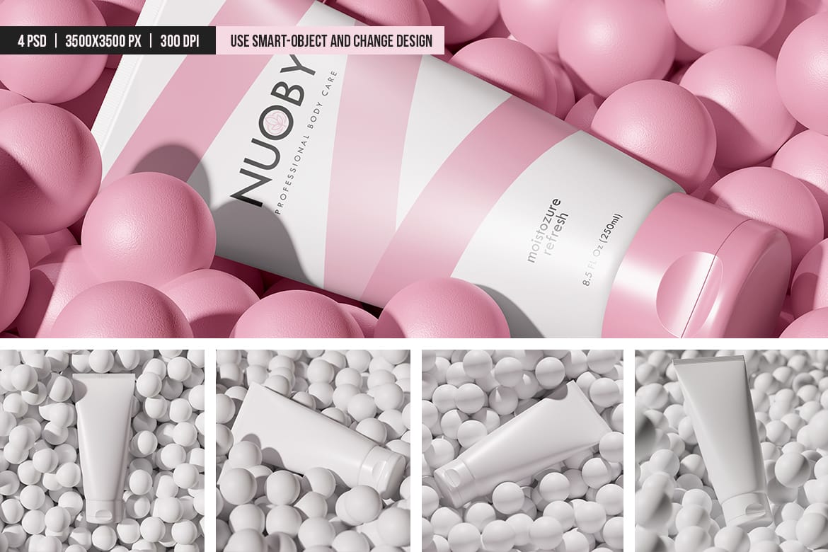 Cosmetic Tube Among a Bunch of Balls Mockup