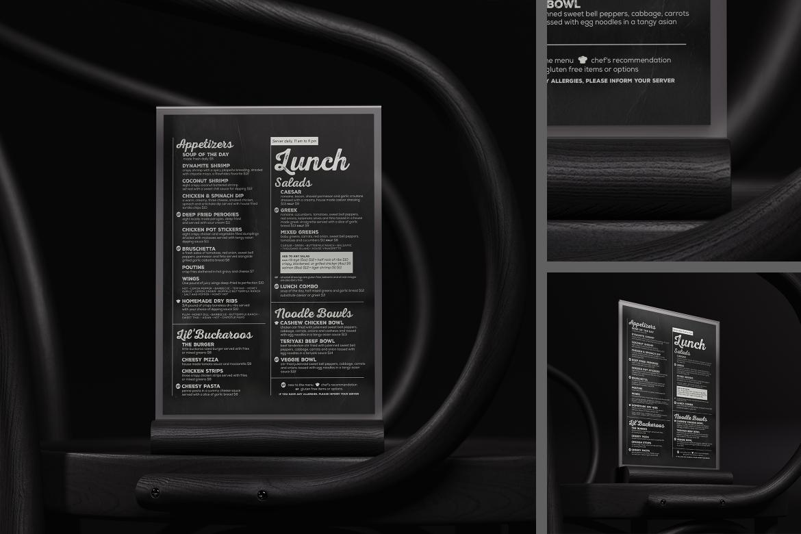 Wooden Menu Holder on Black Chair Mockup