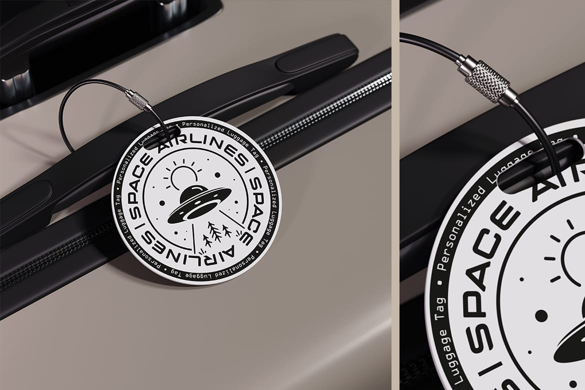Round Luggage Tag Attached to the Suitcase Mockup