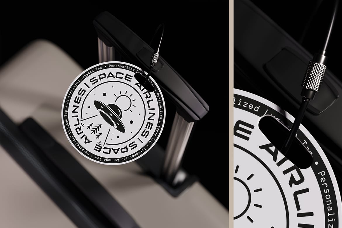 Round Luggage Tag Attached to the Suitcase Mockup