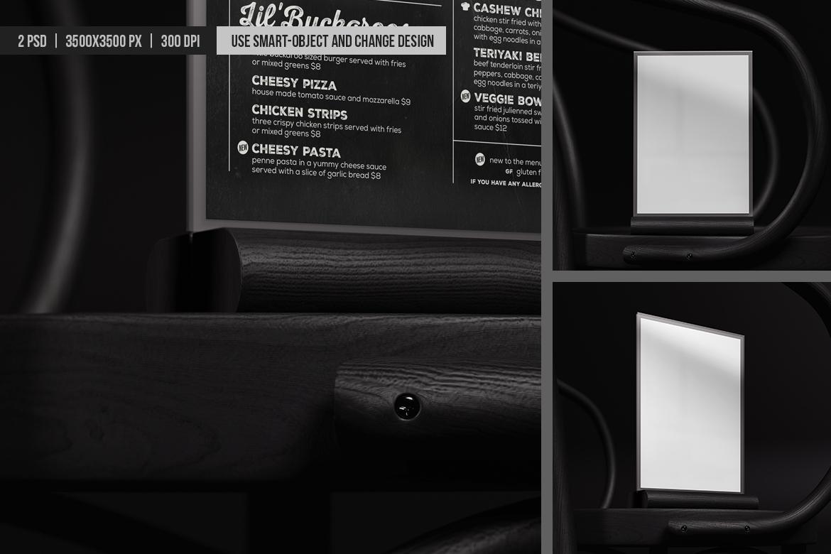Wooden Menu Holder on Black Chair Mockup