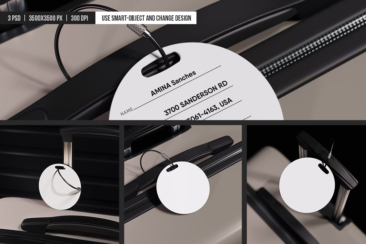 Round Luggage Tag Attached to the Suitcase Mockup