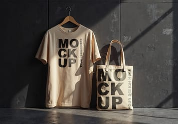T-shirt and Tote Bag Mockups Contrasting on a Black Painted Grunge Wall