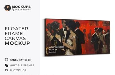 Hanging Landscape Floater Frame Canvas Mockup Ratio 2x1