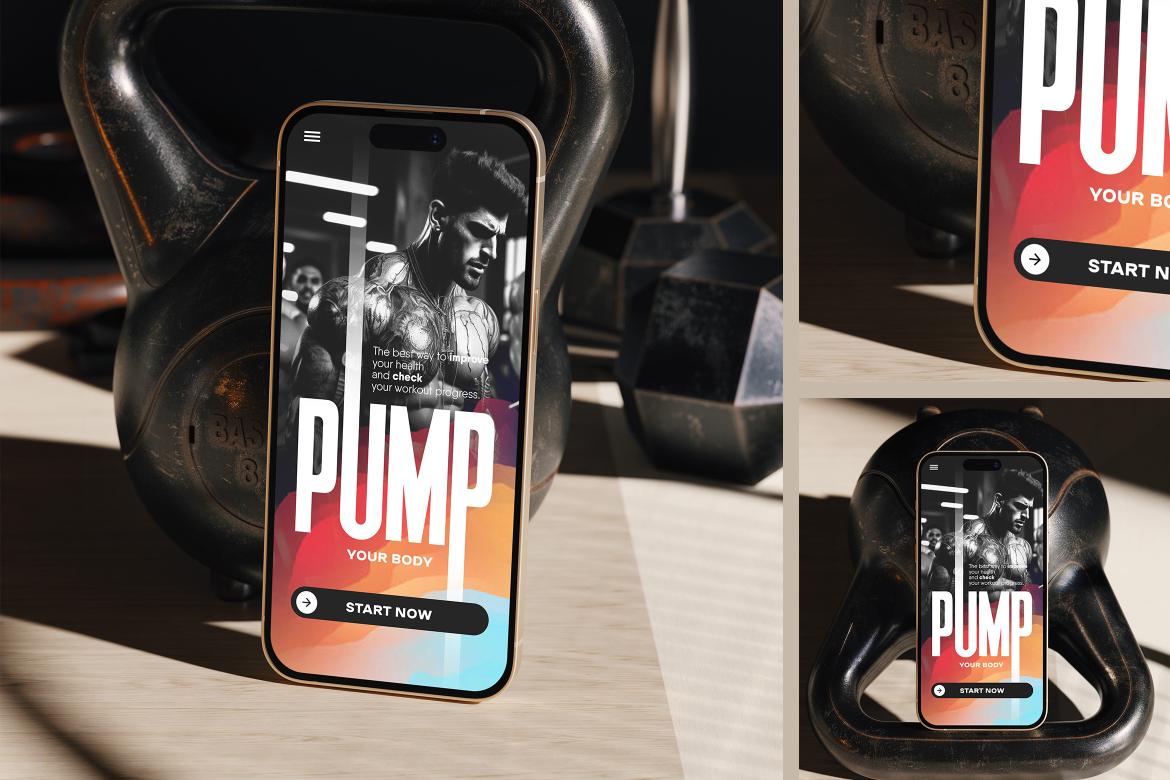 Smartphone with Dumbbells Gym Scene Mockup