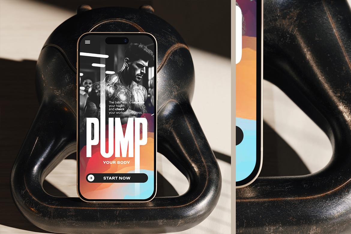 Smartphone with Dumbbells Gym Scene Mockup