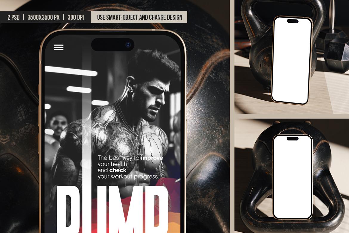 Smartphone with Dumbbells Gym Scene Mockup