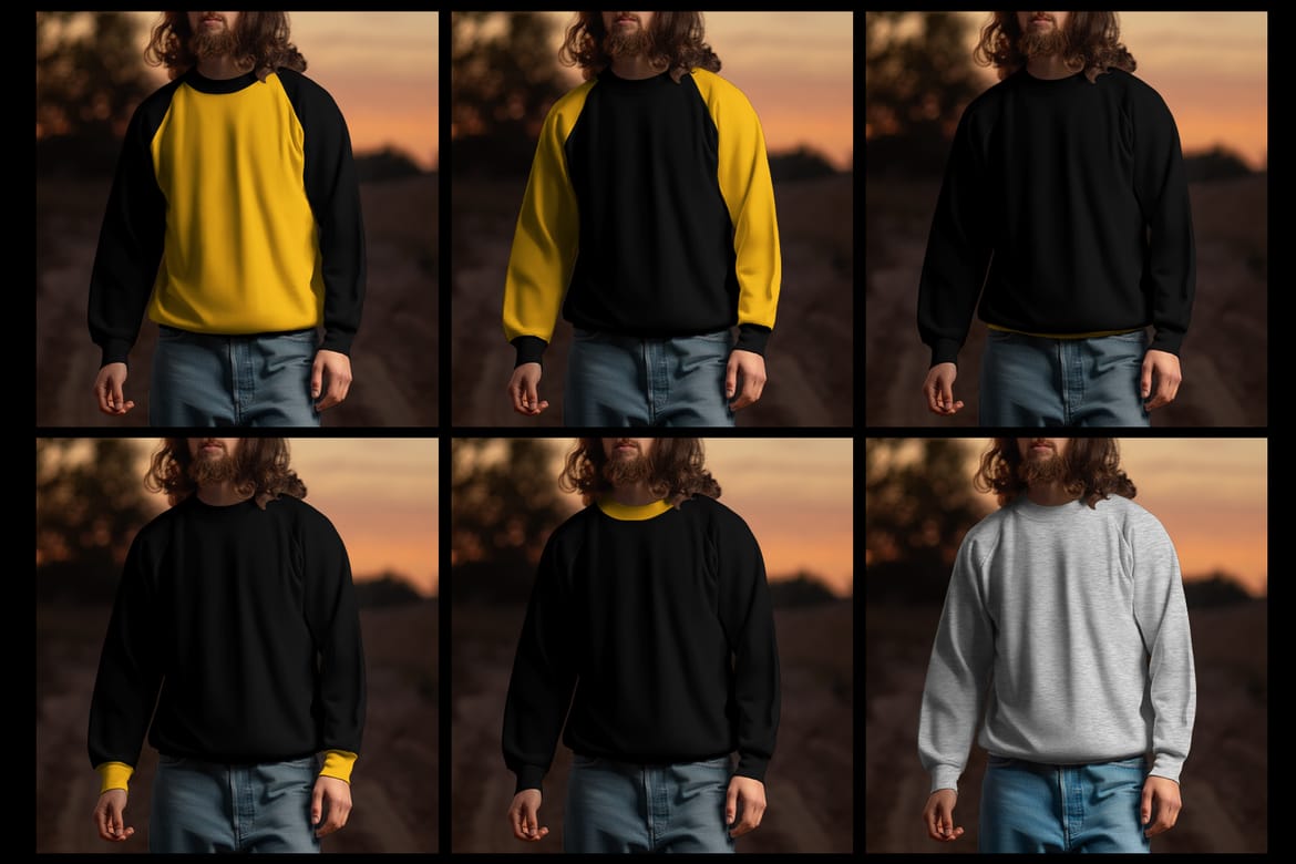  6 Mockups of Men's Raglan Sleeve Sweatshirt on the Sunset Outdoor 