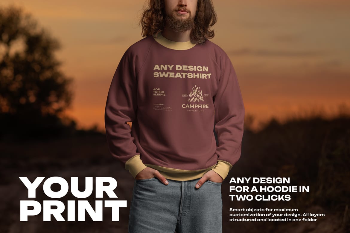  6 Mockups of Men's Raglan Sleeve Sweatshirt on the Sunset Outdoor 