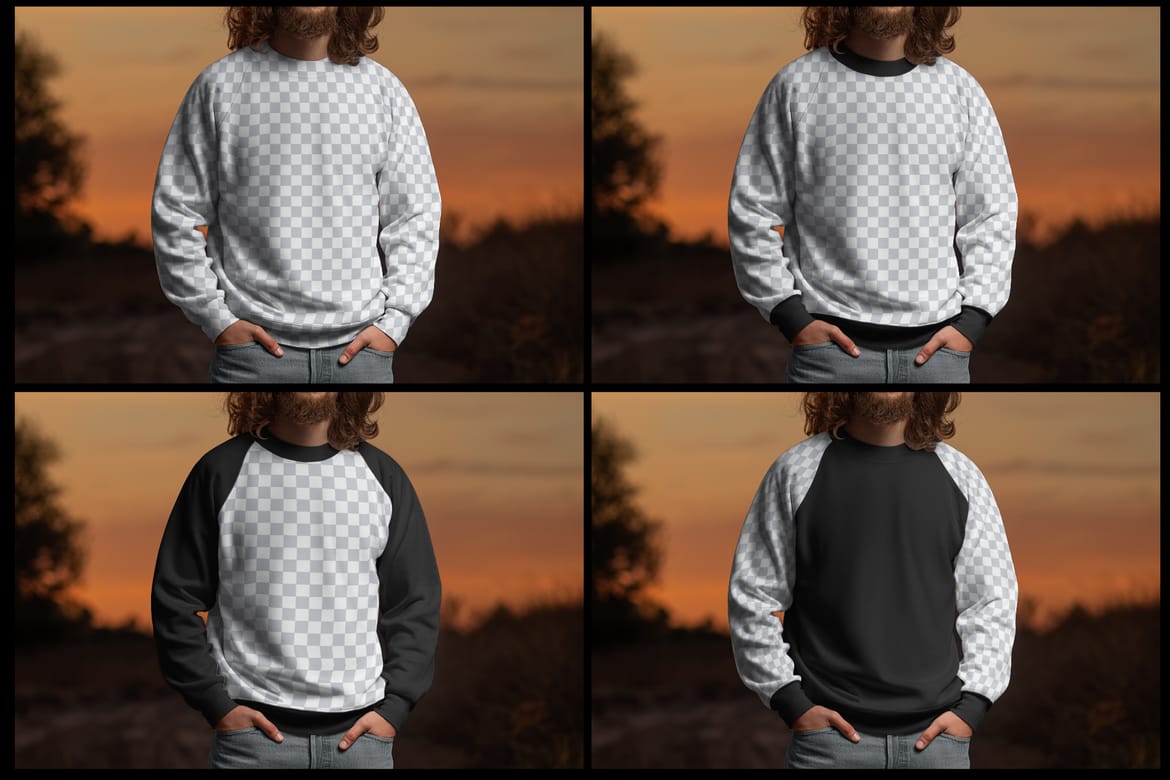  6 Mockups of Men's Raglan Sleeve Sweatshirt on the Sunset Outdoor 