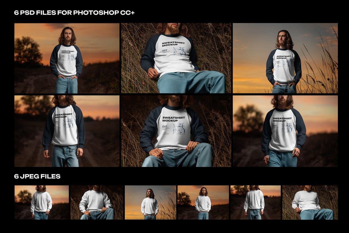  6 Mockups of Men's Raglan Sleeve Sweatshirt on the Sunset Outdoor 