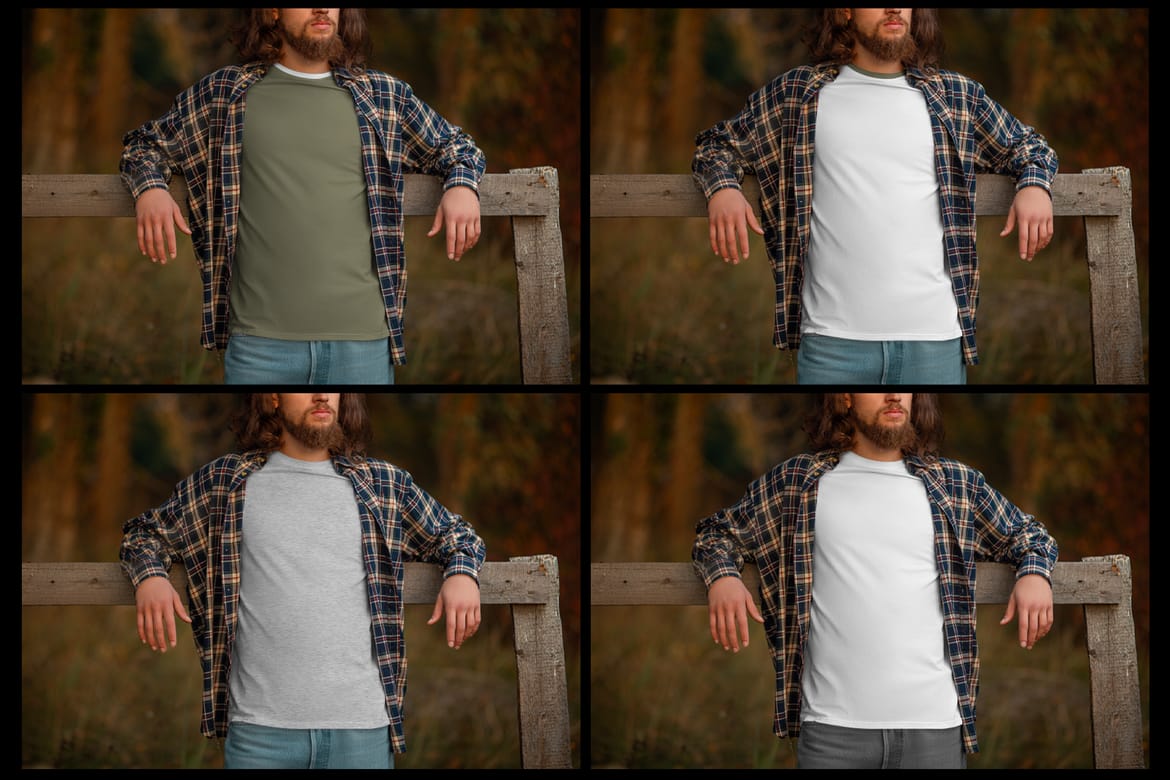 4 Mockups of Men's T-Shirt at the Sunset Outdoor. vol.02