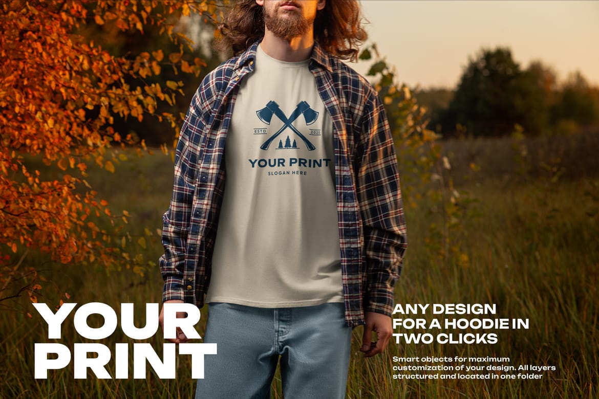 4 Mockups of Men's T-Shirt at the Sunset Outdoor. vol.02