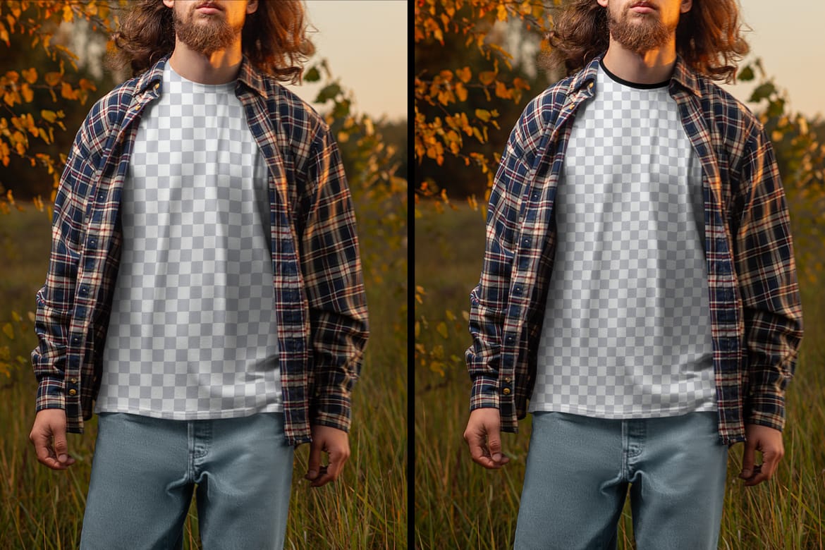 4 Mockups of Men's T-Shirt at the Sunset Outdoor. vol.02