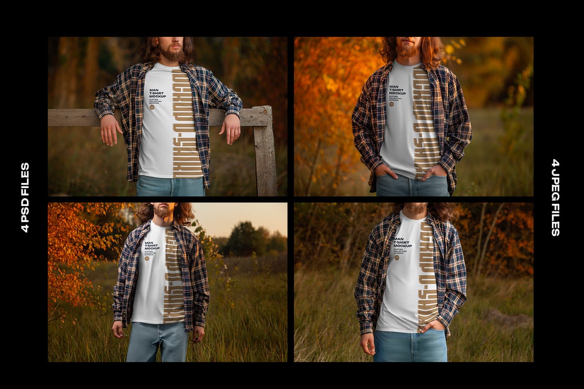 4 Mockups of Men's T-Shirt at the Sunset Outdoor. vol.02