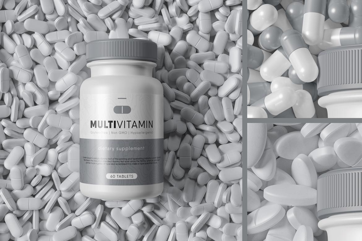 Supplement Bottle on a Pile of Pills Mockup