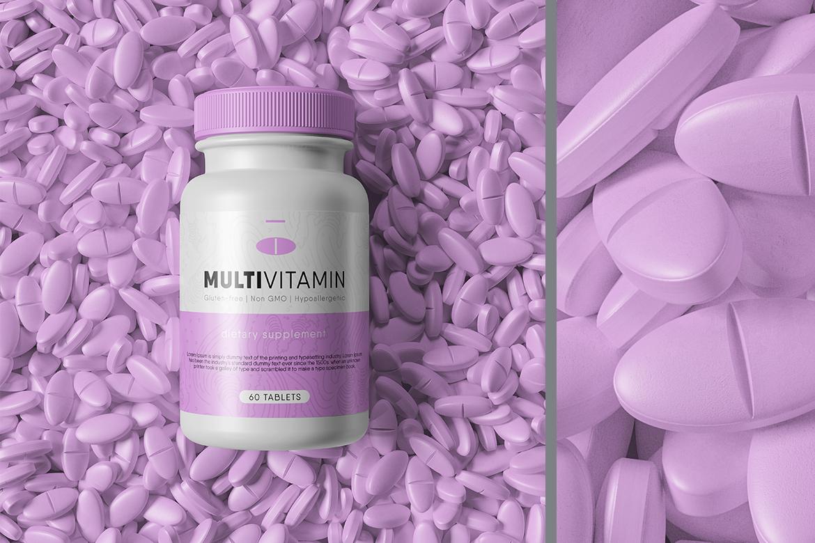 Supplement Bottle on a Pile of Pills Mockup