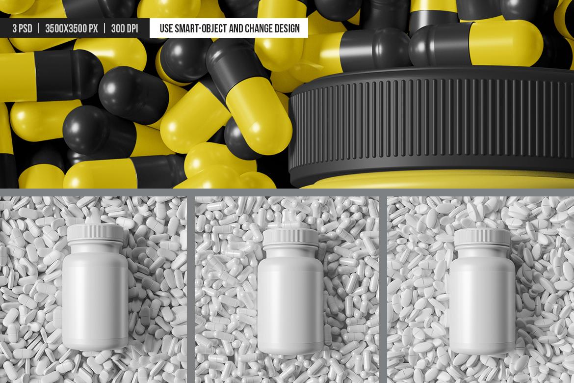 Supplement Bottle on a Pile of Pills Mockup