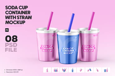  Aluminum Soda Cup With Straw Mockup