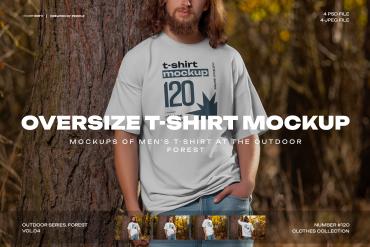4 Mockups of Men's Oversize T-Shirt at the Outdoor. Forest. vol.04