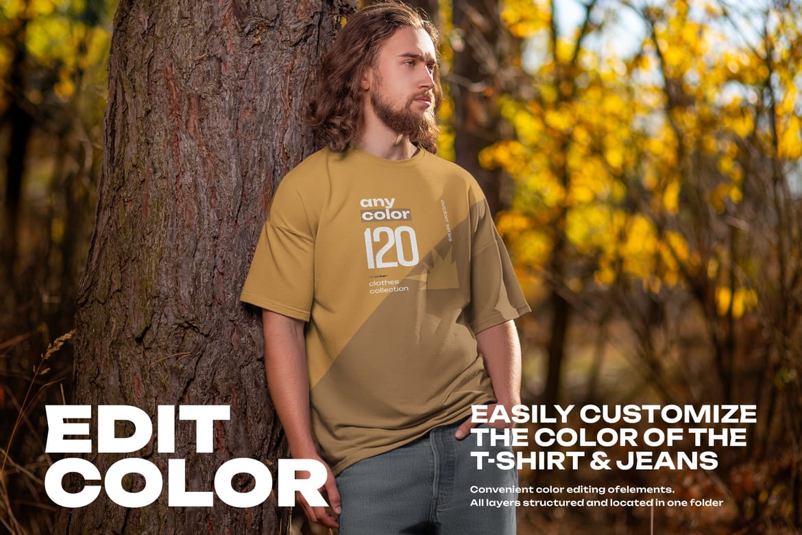 4 Mockups of Men's Oversize T-Shirt at the Outdoor. Forest. vol.04