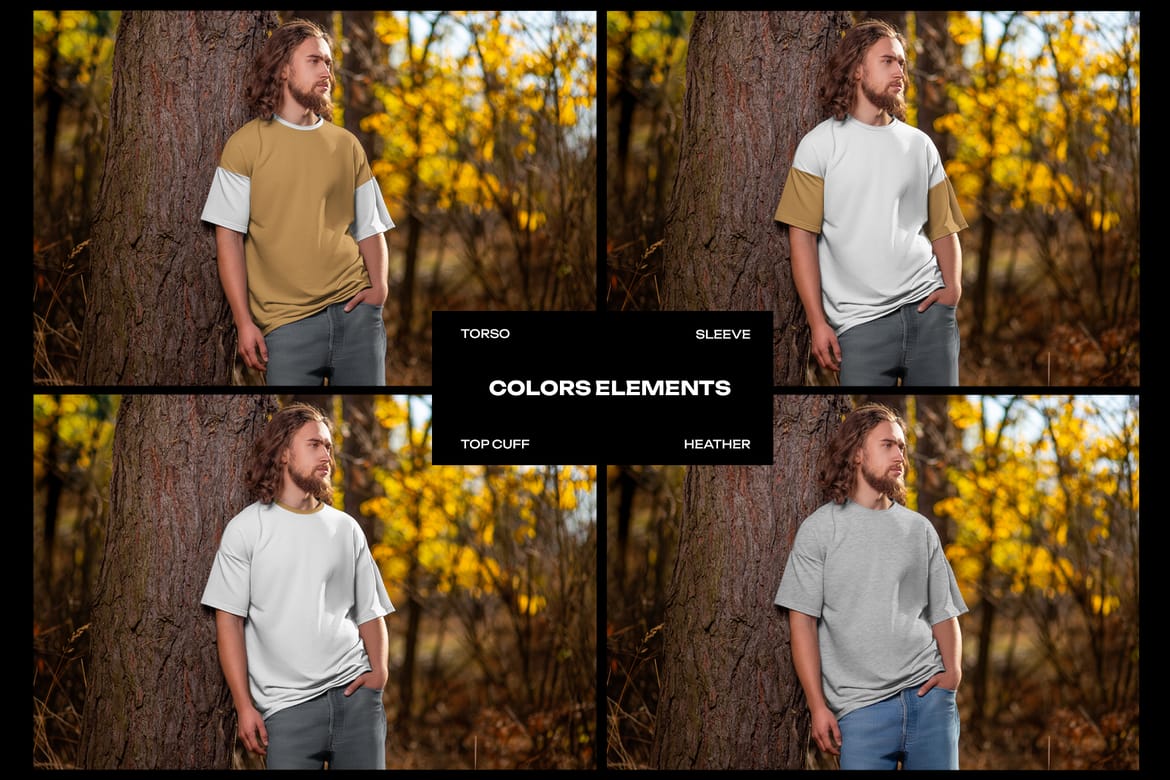 4 Mockups of Men's Oversize T-Shirt at the Outdoor. Forest. vol.04