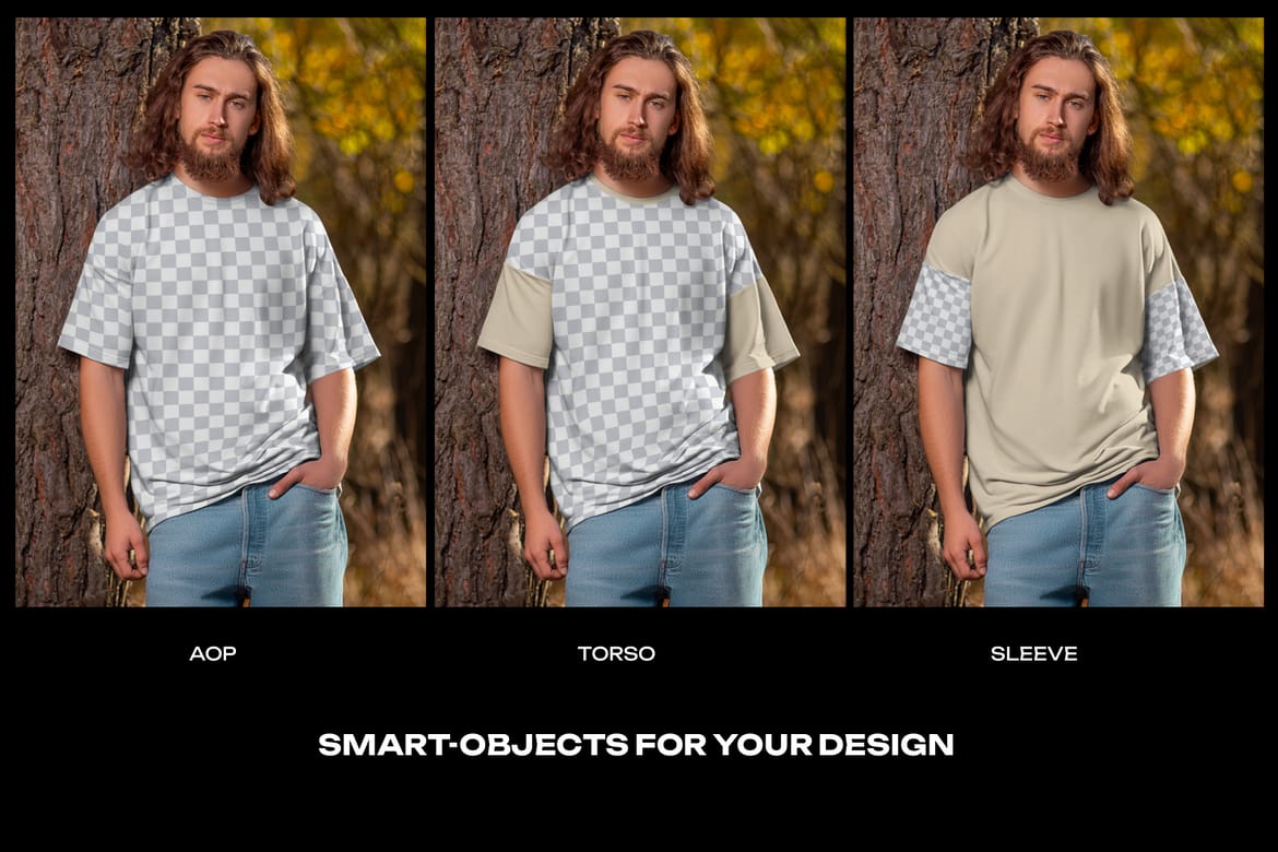 4 Mockups of Men's Oversize T-Shirt at the Outdoor. Forest. vol.04