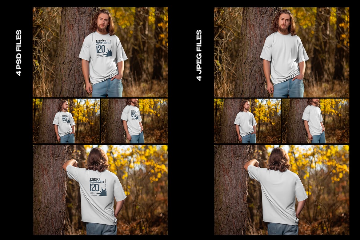 4 Mockups of Men's Oversize T-Shirt at the Outdoor. Forest. vol.04