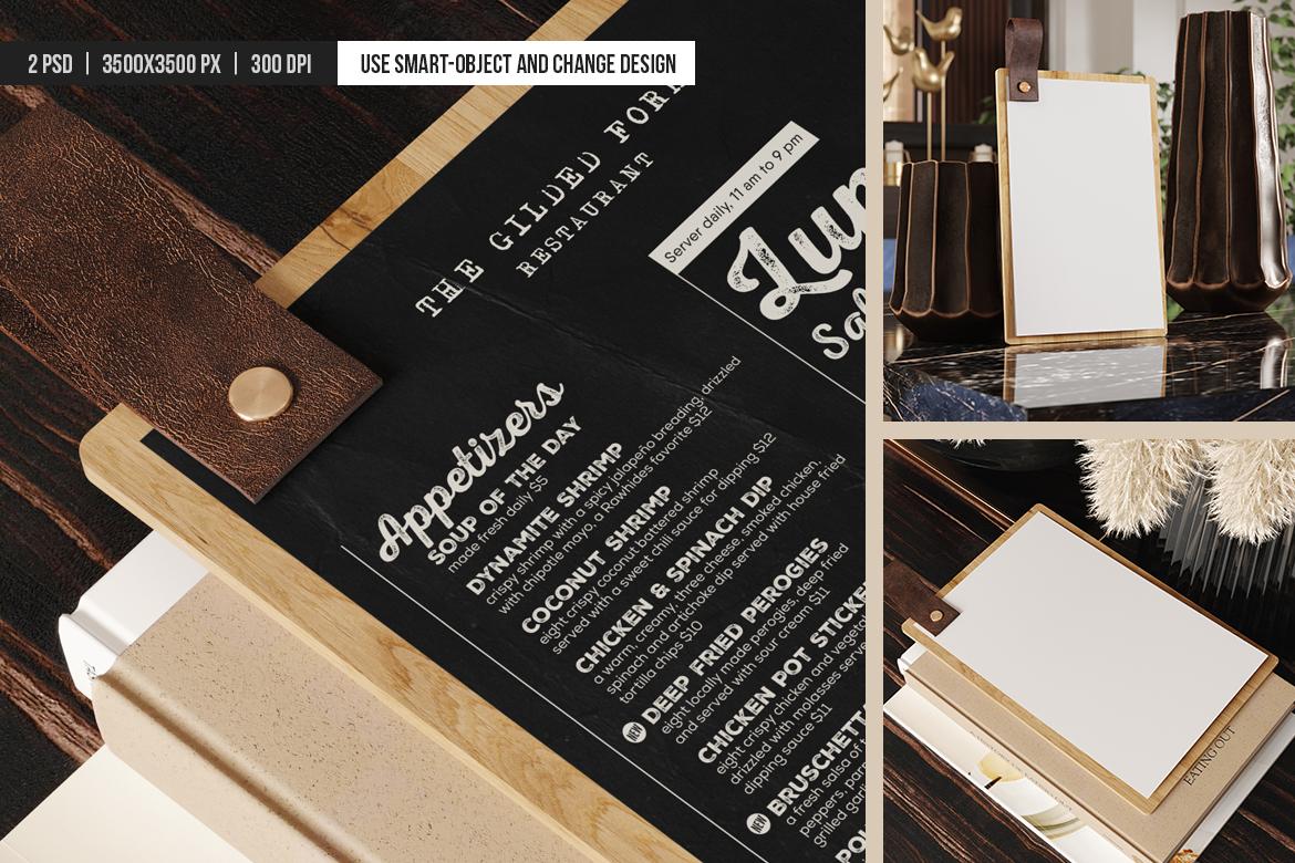 Wooden Menu Board with Leather Loop Mockup