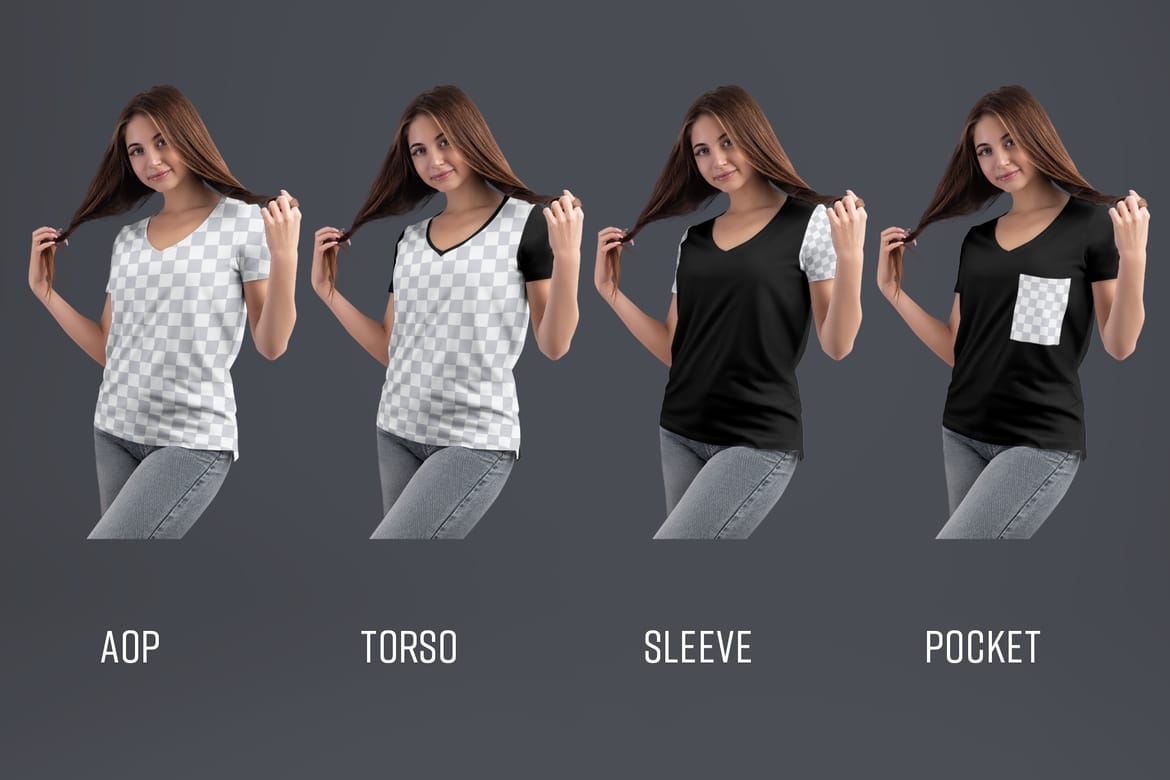 4 Mockup Woman V-Neck T-Shirt with a Chest Pocket