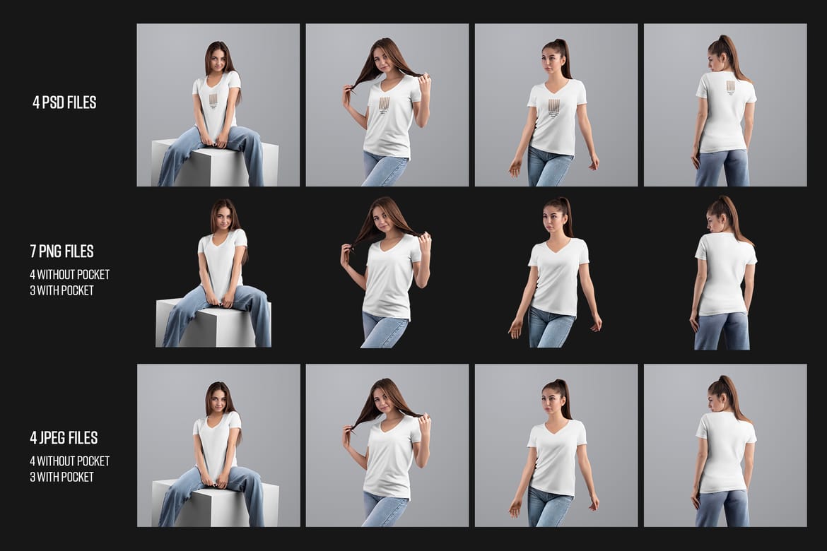 4 Mockup Woman V-Neck T-Shirt with a Chest Pocket