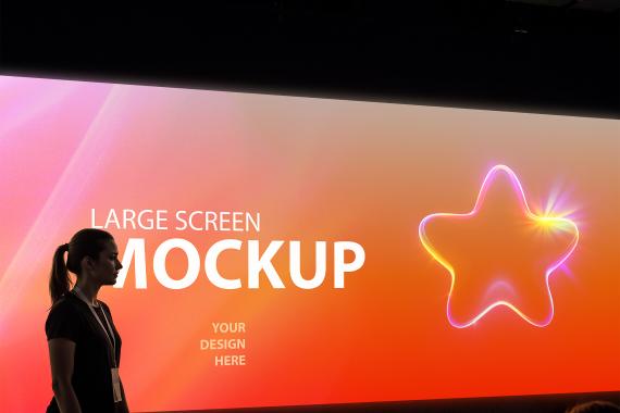 Conference Stage Presentation Screen Mockup – Empty White Display with Silhouetted Host