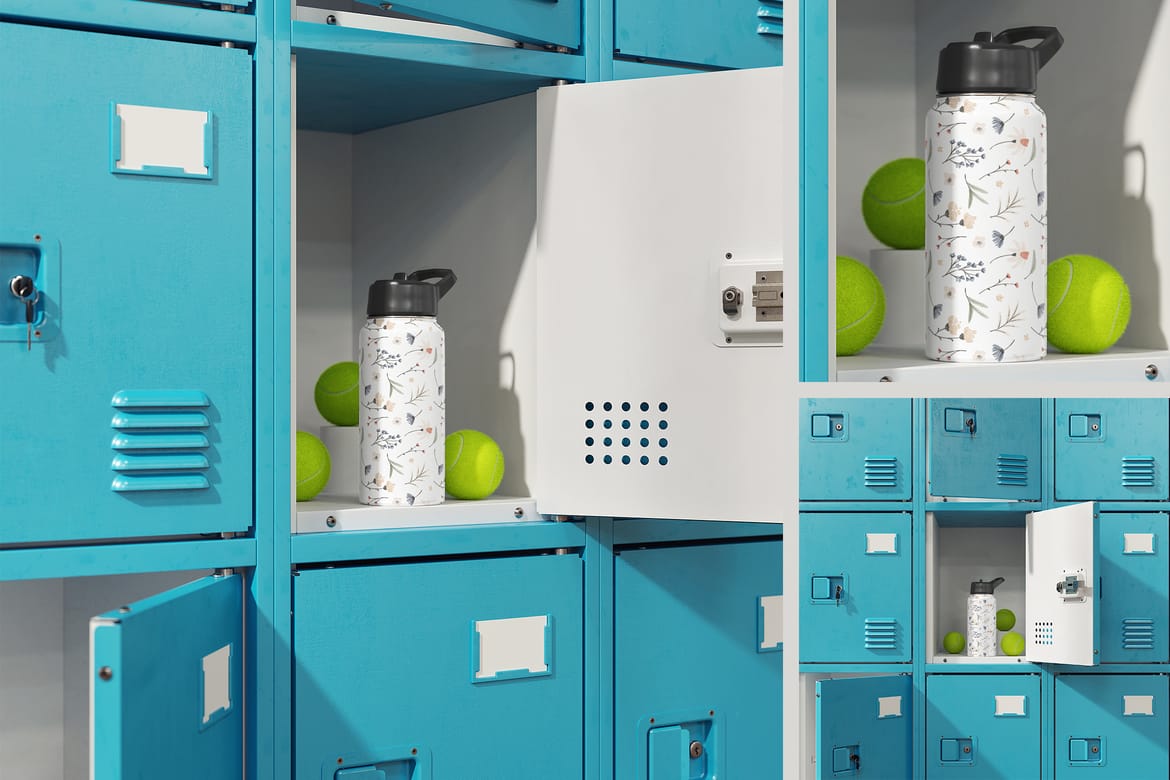 Water Bottle in Gym Locker Mockup