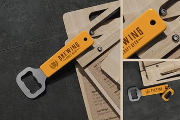 Bottle Opener Near Wooden Menu Holder Mockup