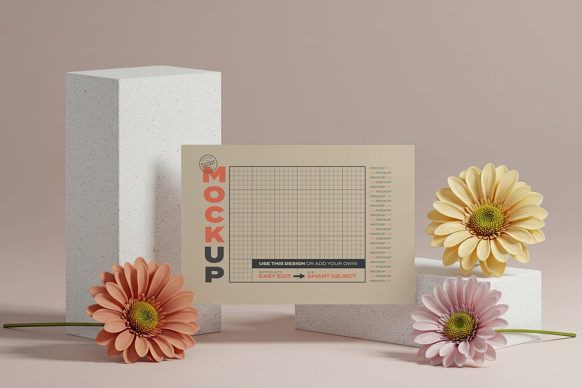 Pages and Cards with Flowers Mockups