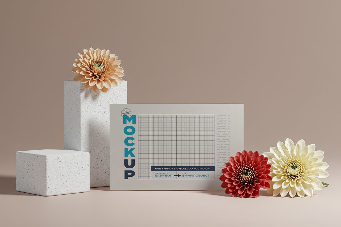 Pages and Cards with Flowers Mockups