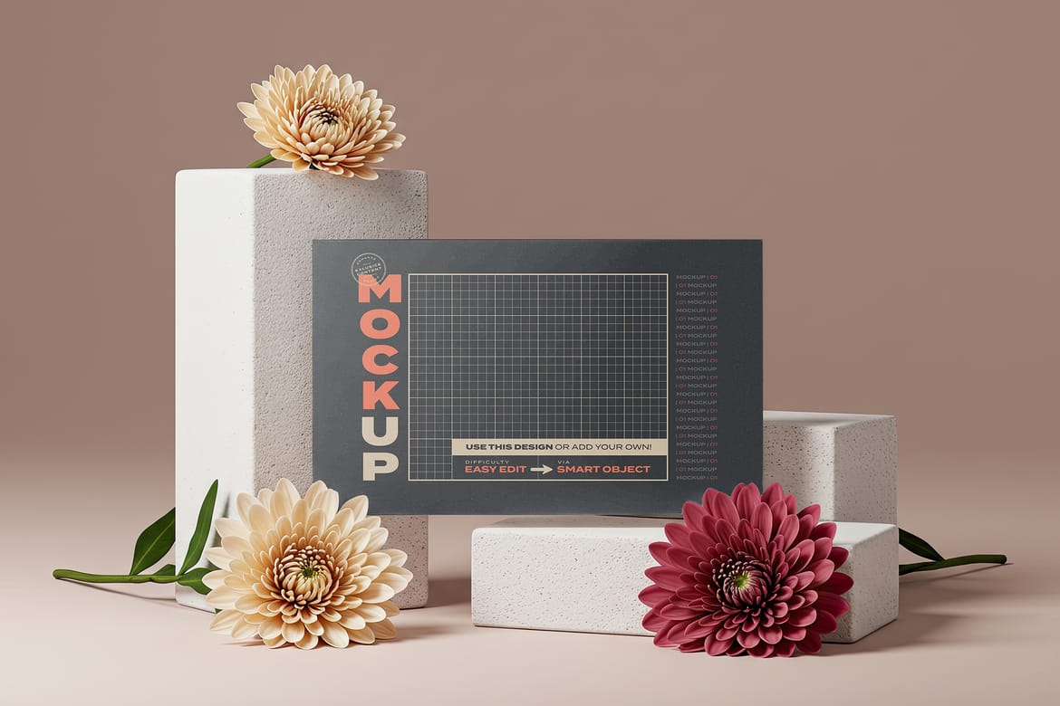 Pages and Cards with Flowers Mockups
