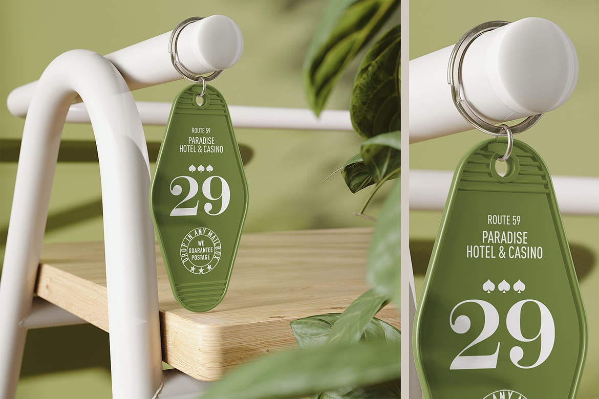 Hotel Keychain Hanging on a Chair Mockup