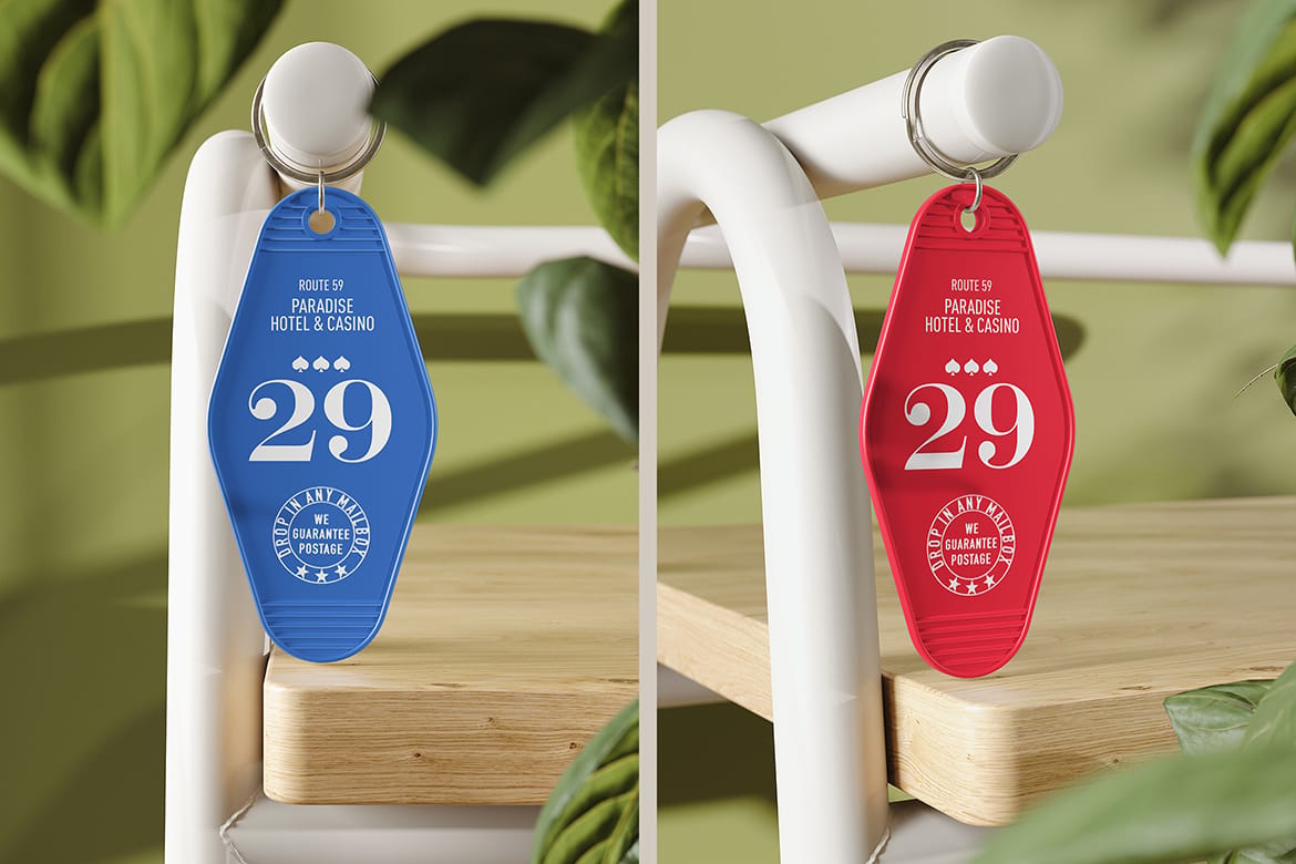 Hotel Keychain Hanging on a Chair Mockup