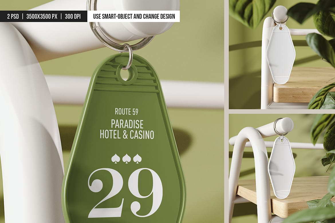 Hotel Keychain Hanging on a Chair Mockup